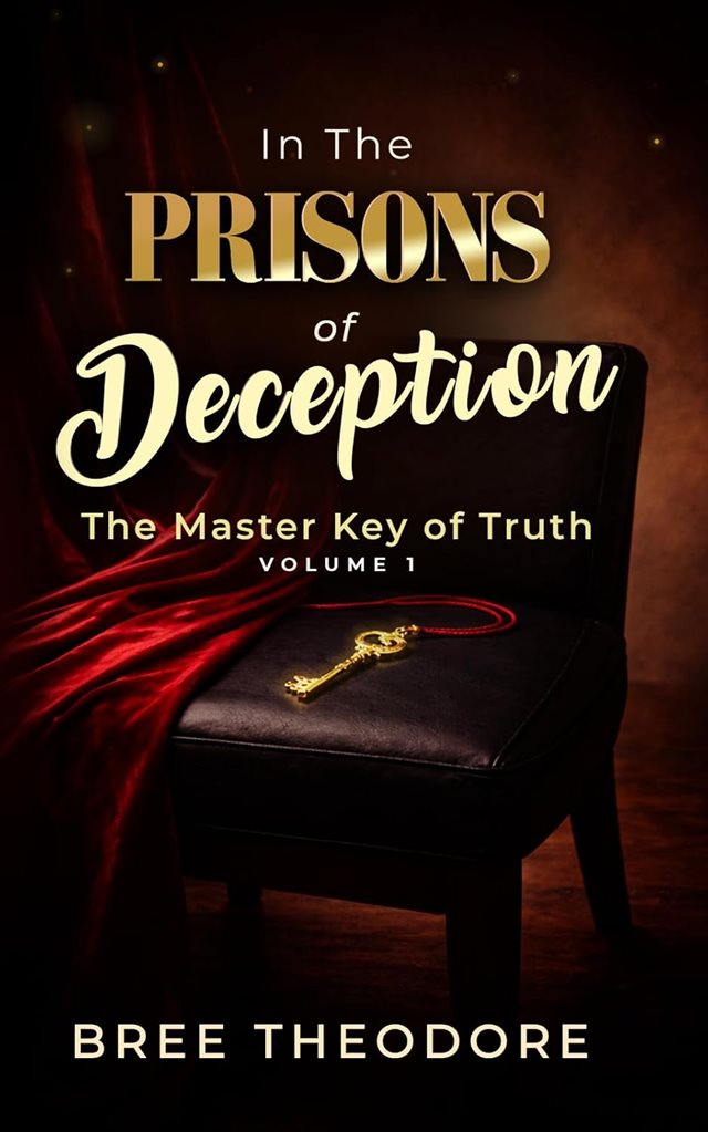 Front cover of In The Prisons of Deception: The Master Key of Truth, Volume 1, by Bree Theodore, showing a golden key resting on a black chair beside red velvet drapery